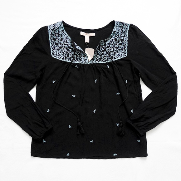 Floral Embroidery Tie Neck Billow Sleeve Blouse XS - Picture 1 of 6